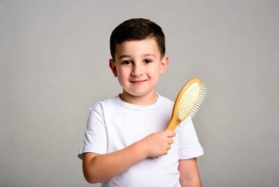 Boy holding wooden hairbrush