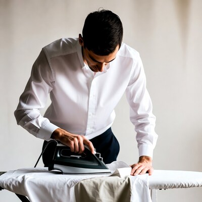 Man ironing shirt on ironing board
