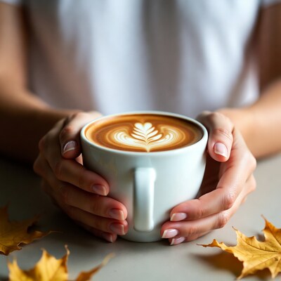 Woman holding latte with leaf art