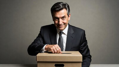 Man dropping ballot in cardboard box