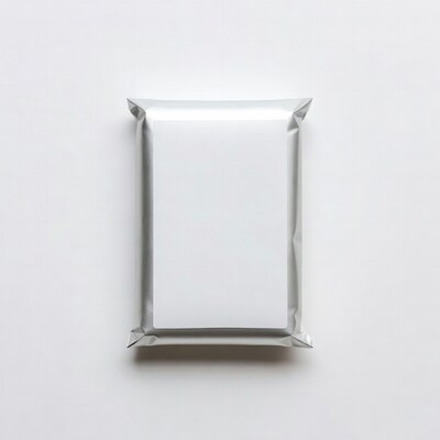 Silver foil pouch on white background