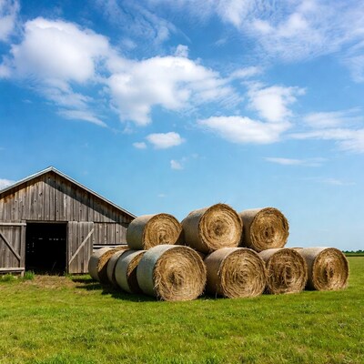 Hay bales stacked near wooden barn