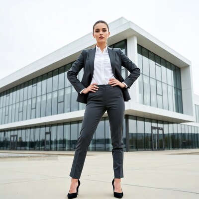 Confident woman in gray suit outside modern building