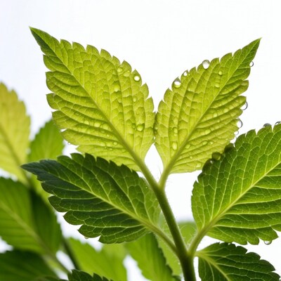 Green serrated leaf with water droplets