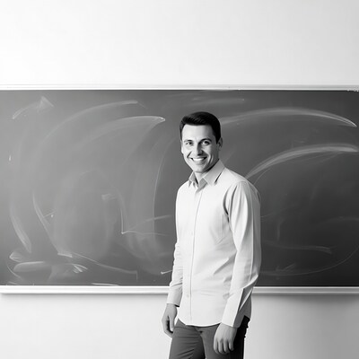 Smiling man standing by blackboard