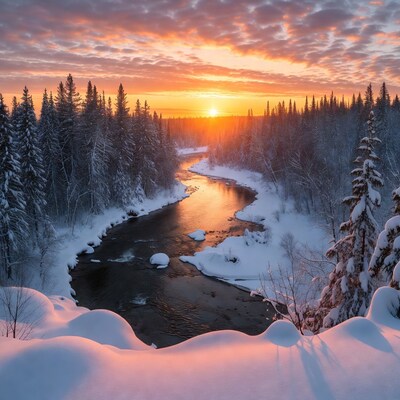 Winter River Sunset with Snowy Trees