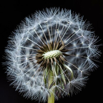 Dandelion seed head on black background