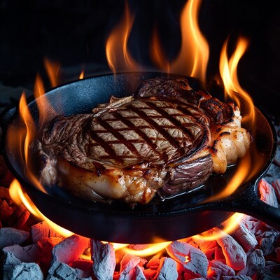 Ribeye Steak Sizzling in Cast Iron Skillet