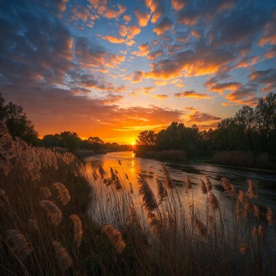 Sunset over river with reeds