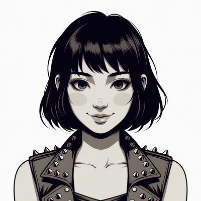 Asian woman in spiked leather vest