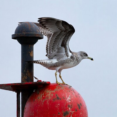 Gull perched on rusty red buoy