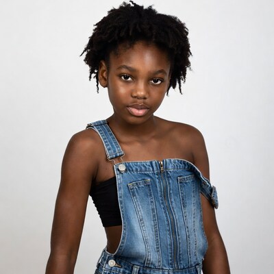 African-American girl in denim overalls