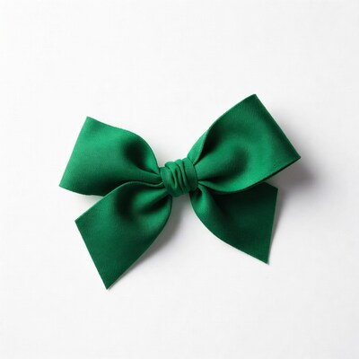Green satin bow on white background