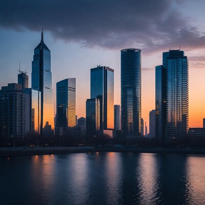 Skyscrapers reflecting in river at sunset
