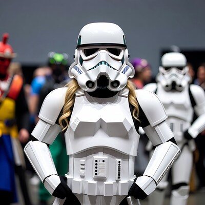 Blonde woman in Stormtrooper cosplay
