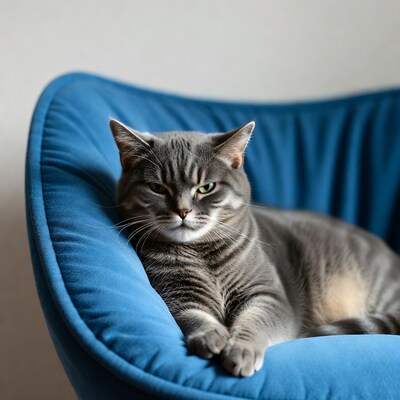 Gray cat lounging on blue chair