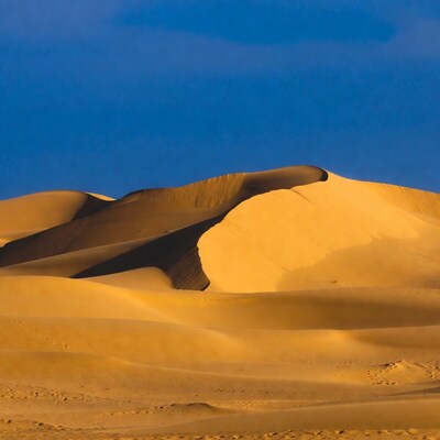 Golden sand dunes under blue sky