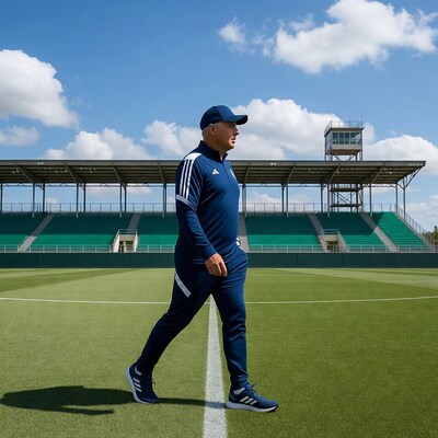 Man in Adidas tracksuit walking on soccer field