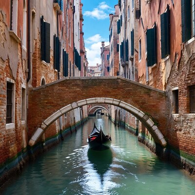 Gondola under Venice brick bridge