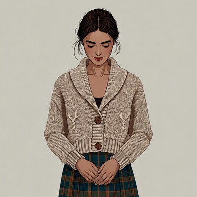 Woman in beige cardigan and plaid skirt