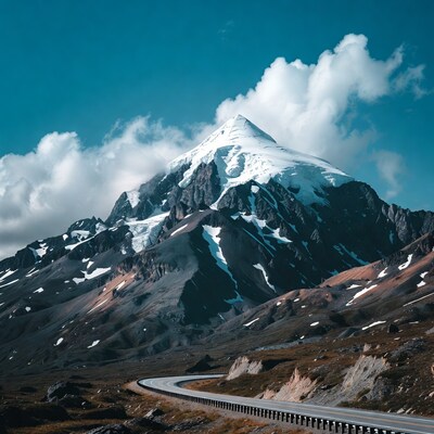 Winding road to snowy mountain peak