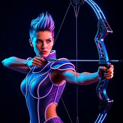Woman aiming neon bow