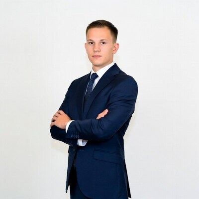 Young man in blue suit