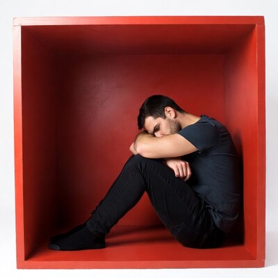 Man sitting in red box