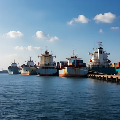 Cargo ships docked at harbor