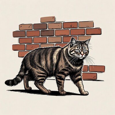 Cat walking by brick wall