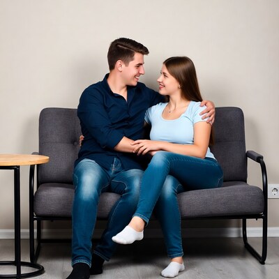 Young couple smiling on couch