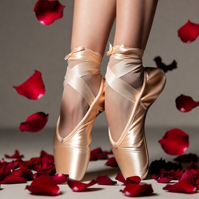 Ballet shoes with red rose petals