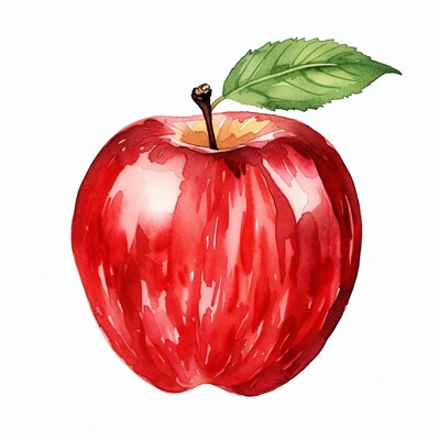 Watercolor Red Apple with Leaf