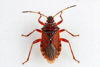 Red and black insect on white background