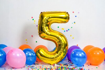 Gold Number 5 Balloon with Colorful Balloons