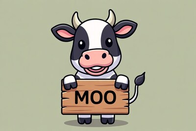 Cartoon cow holding moo sign