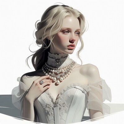 Blonde woman in white corset dress