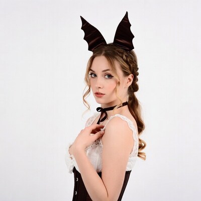 Woman with bat ears headband