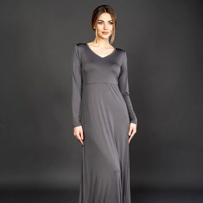 Woman in long gray dress