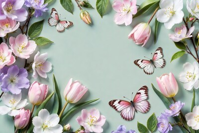 Butterflies and flowers on pastel background