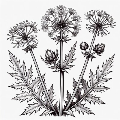 Black and white botanical illustration of thistles