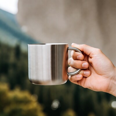 Hand holding stainless steel mug