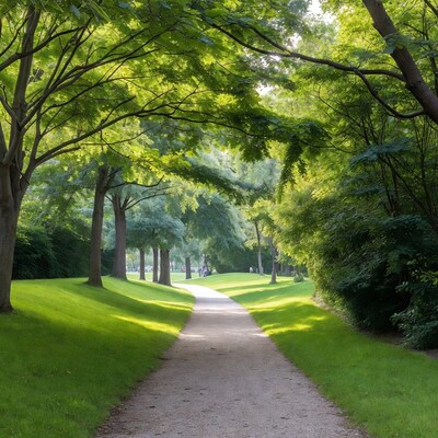 Tree lined path in green park