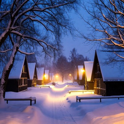 Snowy village path at night