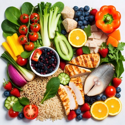 Healthy food spread with fruits and vegetables