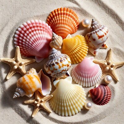 Colorful seashells and starfish on sand