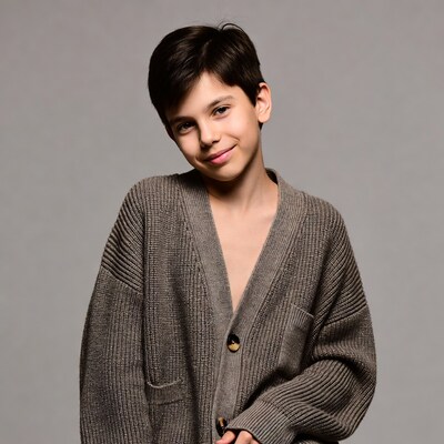 Young boy in gray cardigan
