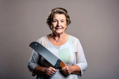 Elderly woman holding a handsaw