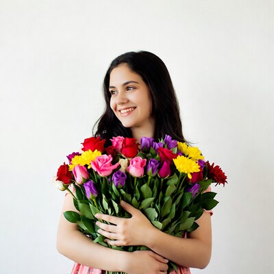Young woman holding colorful flowers