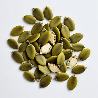 Green pumpkin seeds on white background